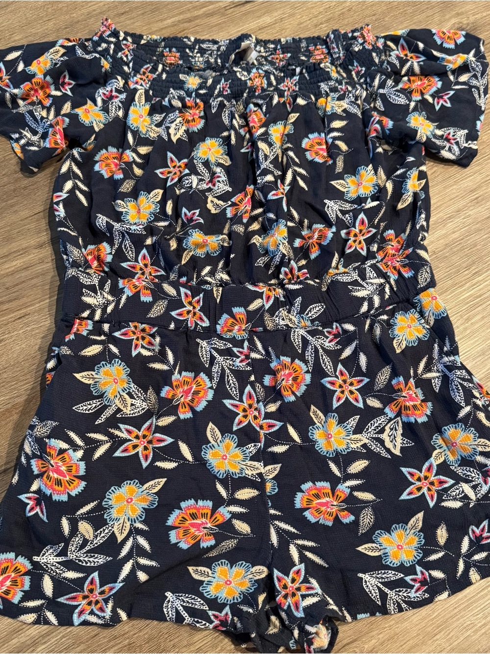 LOFT Navy Floral Smocked Romper with Multicolor Blooms